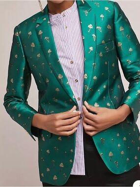 Anthropologie Love Binetti Mushroom Blazer Metallic Green and Gold Size Medium